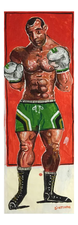 Dorieus, Lifesize Boxer Painting, Oil and Acrylic on Paper, Custom Wood Framed, 2016