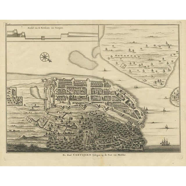 Antique print titled 'De Stad Coetsjien,gelegen op de Cust van Malabar'. This print depicts Kochi, on the west coast of...