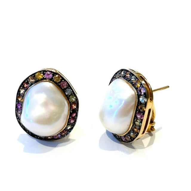 Yellow Bochic “Capri” Vintage Multi Sapphire & Pearl Earrings Set In 18K Gold & Silver For Sale - Image 8 of 9