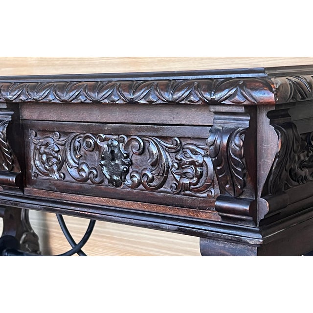 Brown 19th Century Spanish Two Faces Baroque Style Oak Library Table or Desk For Sale - Image 8 of 18