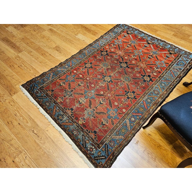 Persian Vintage Malayer Rug, All Over Geometric Pattern, Handwoven Rust Red & Blue, 4’ X 6’ For Sale - Image 3 of 12