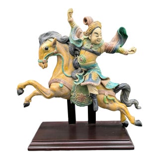 Antique Chinese Polychrome Glazed Imperial Tile: Warrior/Deity Riding a Horse For Sale