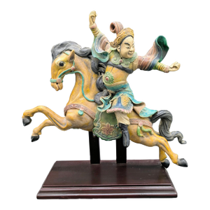 Antique Chinese Polychrome Glazed Imperial Tile: Warrior/Deity Riding a Horse