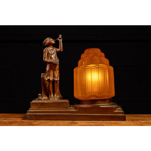 Art Deco 1930s Frankart Art Deco Figural Amber Glass Lamp For Sale - Image 3 of 9