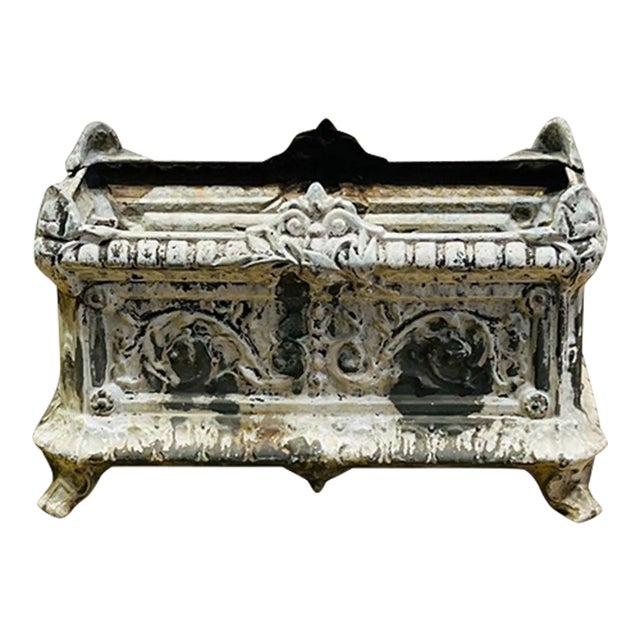 Antique French Cast Iron Garden Urn With Ornate Detailing For Sale