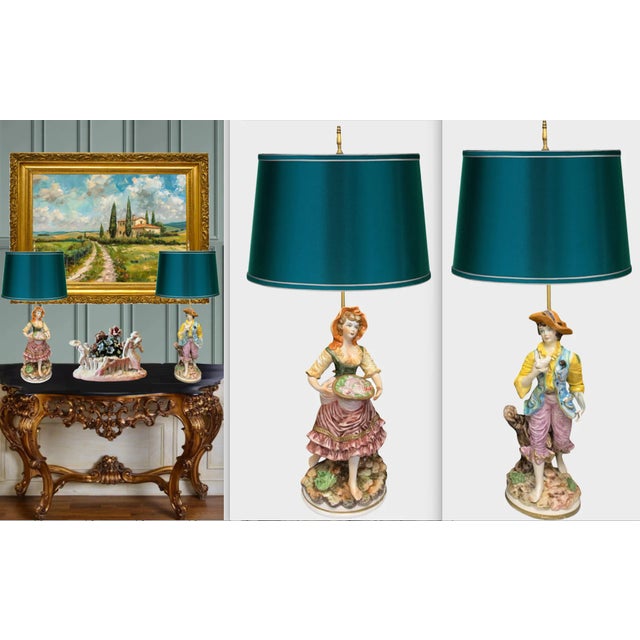 Ceramic Mid-Century Capodimonte Porcelain Table Lamp- Villagers: Young Man and Lady-A Pair For Sale - Image 7 of 12