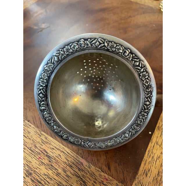 Mid 20th Century Alpaca Silver Embossed Flower Wood Handled Tea Strainer For Sale - Image 6 of 12