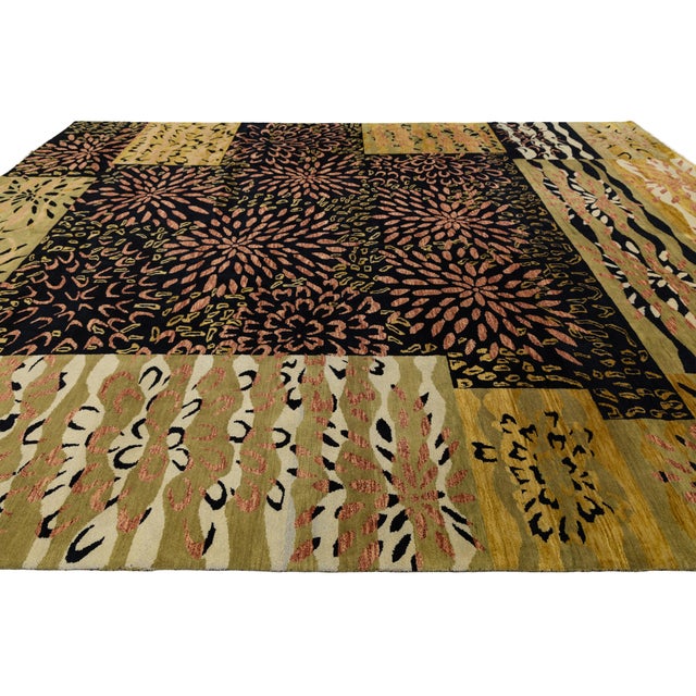 2020s Modern Hand-Knotted Wool Area Rug – Abstract Botanical Floral Burst & Patchwork For Sale - Image 5 of 12