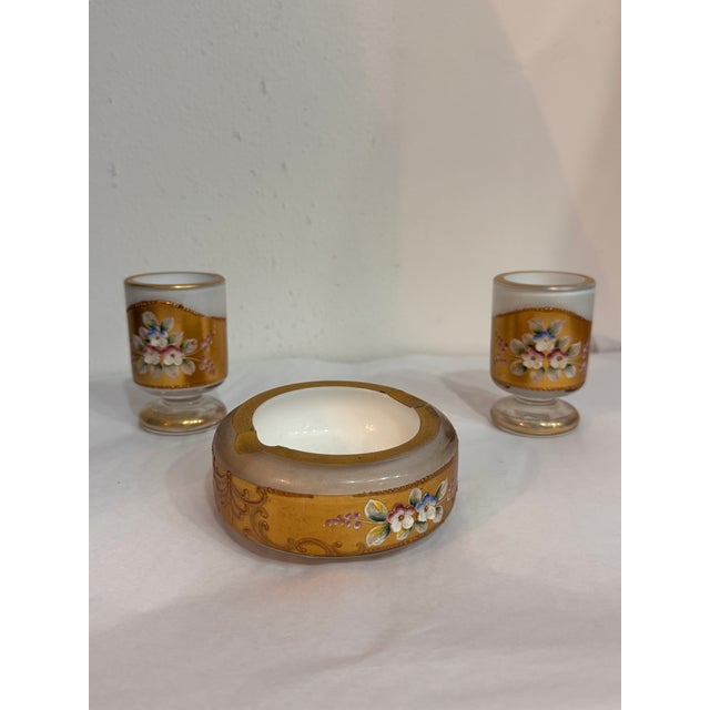 Bohemia Mid-Century Bohemia Czechoslovakia Jeweled Gilt & Applied Floral Glass Set, 3 Pieces For Sale - Image 4 of 5