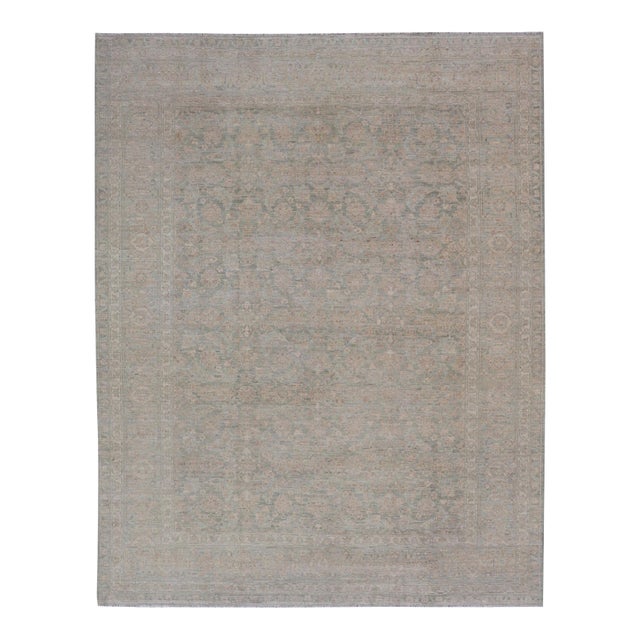 Modern Tabriz Design Rug by Keivan Woven Arts in Soft Green Tones 8'10 X 11'10 For Sale