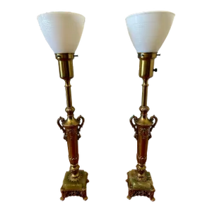 Vintage Rembrandt Onyx and Gilt Metal Patinated Torchiere Table Lamps- A-Pair