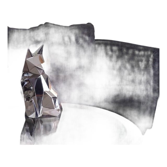 Geometric Cat Sculpture in Polished Stainless Steel, 11"x7"x15" Cat Sitting Half-Turned For Sale