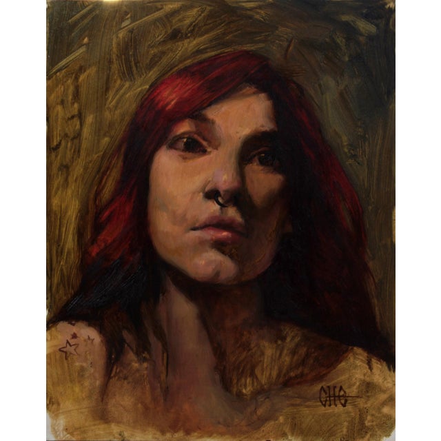 This oil painting presents a close-up portrait of a figure with striking red hair, captured in a moment of introspection....