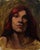 This oil painting presents a close-up portrait of a figure with striking red hair, captured in a moment of introspection....