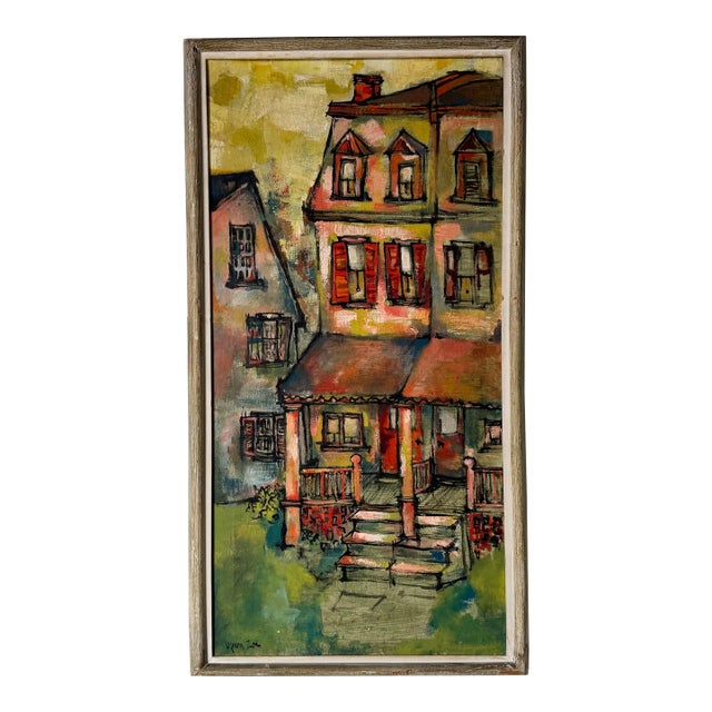 1960s Vintage Impressionist Row Houses Oil on Canvas Painting, Signed For Sale