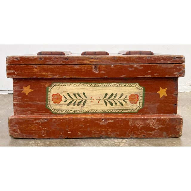 Antique hand-painted Swedish style tool chest storage trunk features traditional folk art floral design with detailed...