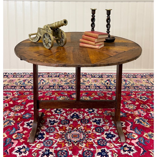 Antique French Vendage Round Flip Top Gateleg Wine Table Oak Trestle Feet c.19th For Sale In Dallas - Image 6 of 18