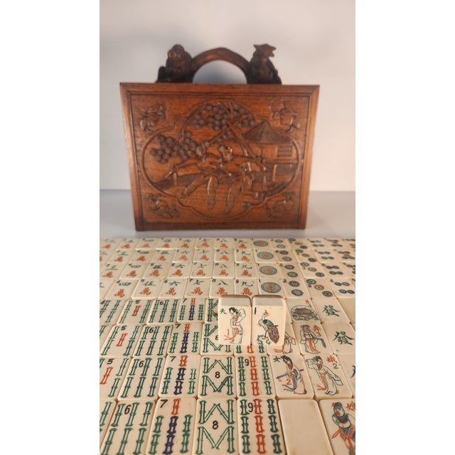 One-of-a-Kind Antique Mahjong Set From the 1920s in Amazing Carved Box For Sale - Image 4 of 16