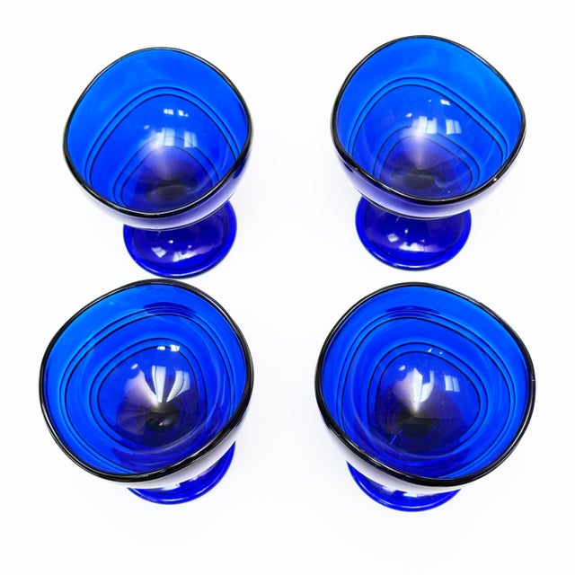 Mid-Century Modern Vintage Cobalt Blue Italian Glass Stemmed Goblets - 4 Pieces For Sale - Image 3 of 3