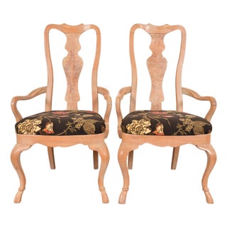 Drexel Heritage Queen Anne Carved Oak and Burl Wood Armchairs, Pair For Sale