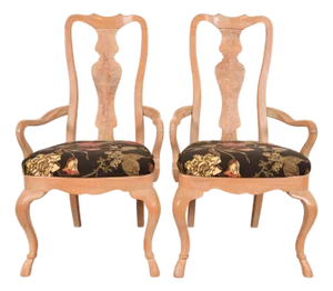 Drexel Heritage Queen Anne Carved Oak and Burl Wood Armchairs, Pair