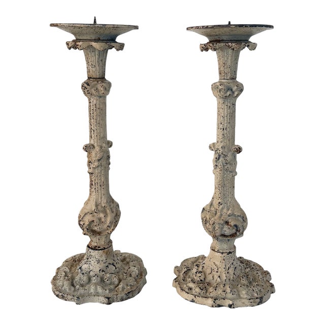 Antique Cast Iron Pillar Candle Holders, a Pair For Sale