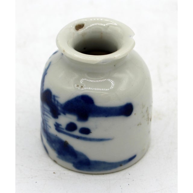 Circa 1860 Chinese blue & white jar form brush washer. From the Qing Dynasty scholar's table. Porcelain. Landscape...