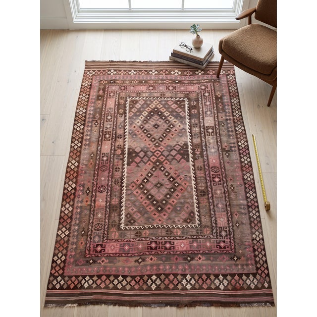 Vintage Maimana Kilim Rug in Rose, Brown and Cream, 8.2 X 13.4 Ft For Sale - Image 9 of 10
