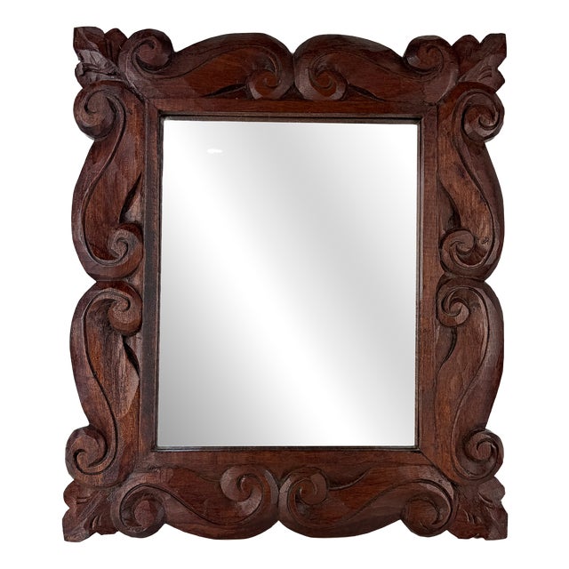 Antique Wood Wall Mirror with Ornate Scrollwork Wooden Frame, 1920s For Sale