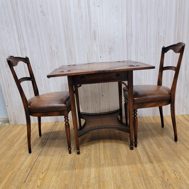 Wood Vintage Theodore Alexander Mahogany Leather Tiered Handkerchief Game Table With 2 Chairs For Sale - Image 7 of 12