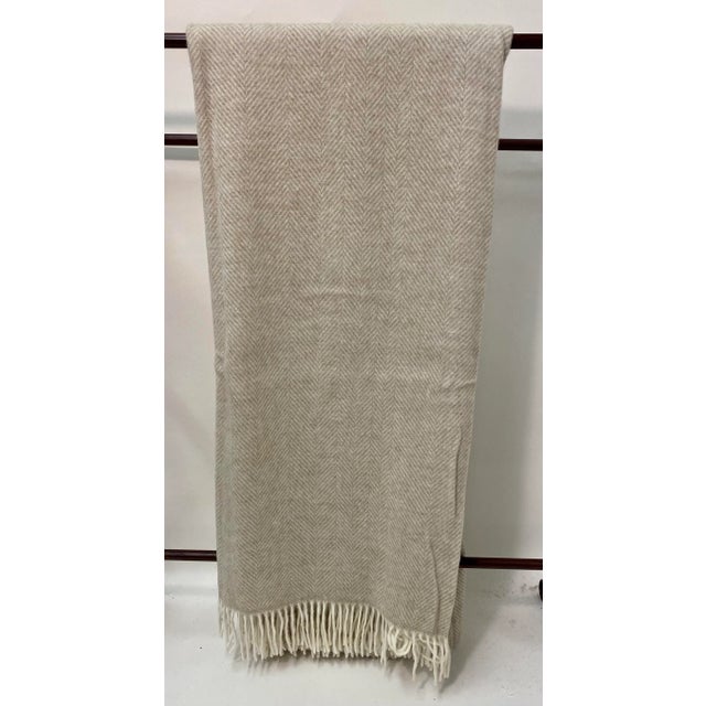 Tan Merino Lambswool Throw in a Chevron / Herringbone Pattern - Made in England For Sale - Image 10 of 10