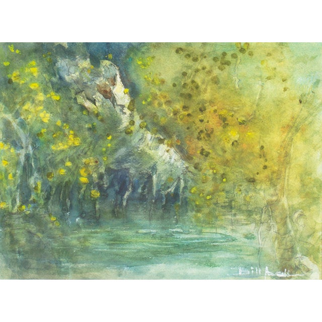 A watercolor landscape painting by American artist Bill Abell. This slightly abstract painting depicts a dense array of...