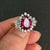 Red Vintage Faux Ruby Cocktail Ring Pear Baguette Sterling Silver Cubic Zirconia Halo Cluster Size 8 For Sale - Image 8 of 11