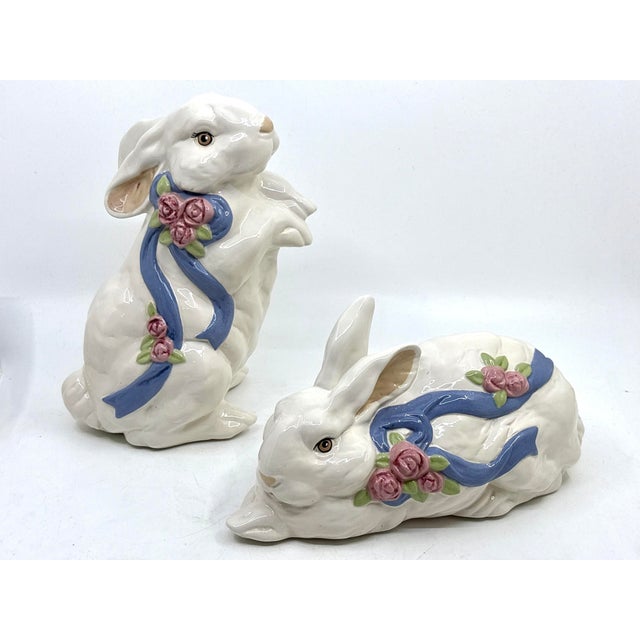 Traditional Vintage Porcelain Floral Rose and Blue Bow Bunny Rabbit Statues- A Set For Sale - Image 3 of 10