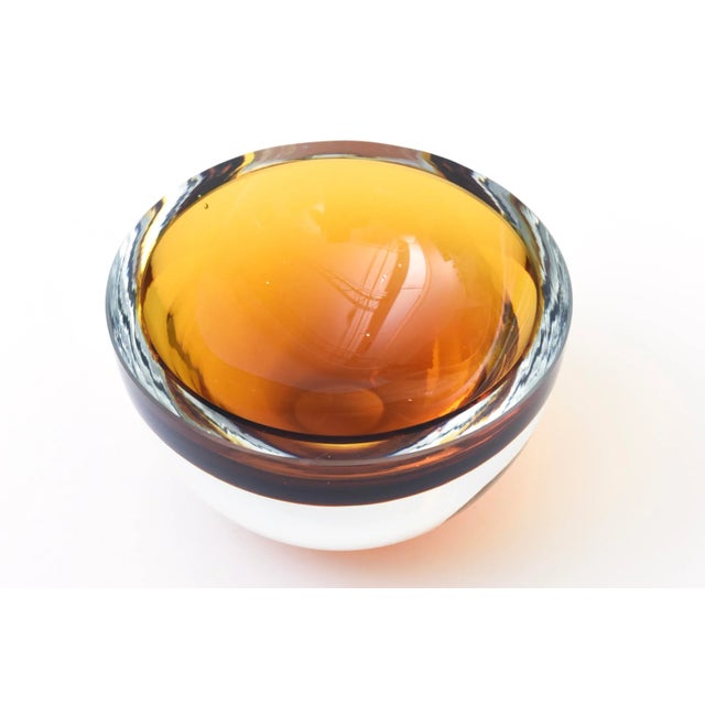 Mid-Century Modern Vintage Signed Murano Thick Walled Sommerso Glass Bowl Amber, Brown, Clear, 1960's For Sale - Image 3 of 10