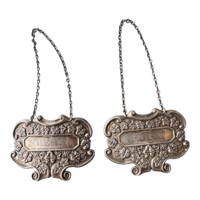 Antique Victorian Embossed Sterling Silver Port & Sherry Liquor Decanter Bottle Tags For Sale