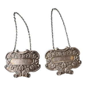 Antique Victorian Embossed Sterling Silver Port & Sherry Liquor Decanter Bottle Tags