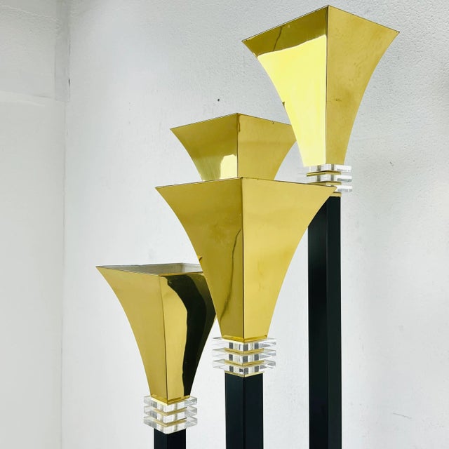 1980s 1980s Four Light Brass & Lucite Torchiere Floor Lamp For Sale - Image 5 of 12