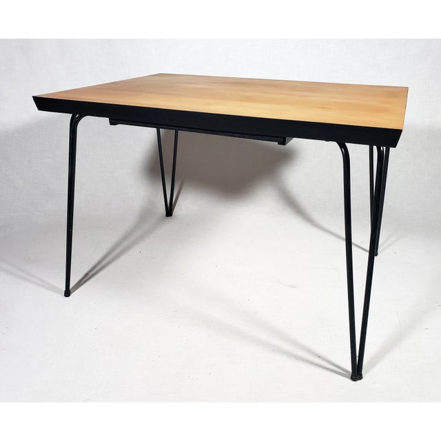 1950s Vintage Original Mid-Century Modern Maple Wood Table W Hairpin Metal Legs & Wood Pull-Out For Sale - Image 5 of 14