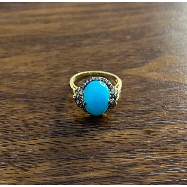 Early 21st Century Oval Shape Blue Teal Turquoise Diamond Halo Pave 14k Yellow Gold Ring, Size 7 For Sale - Image 5 of 13