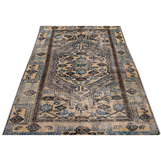 Persian 1960s Vintage Persian Distressed Handmade Geometric Tan Wool Rug For Sale - Image 3 of 7