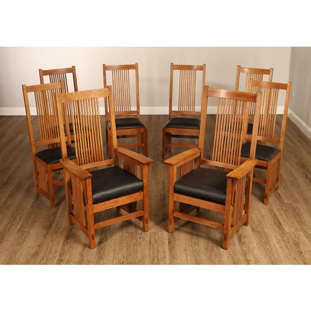 High Quality American Made Set of Eight Solid Oak Spindle Dining Chairs with Leather Upholstered Seats, Includes Two...