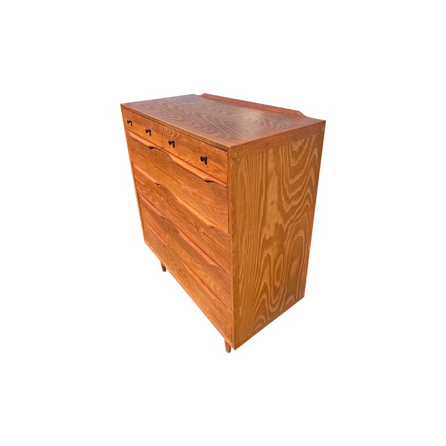 Vintage Mid Century Modern Oak and Cane Floating Highboy Tall Dresser Chest of Drawers For Sale - Image 11 of 11