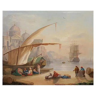 Harbor View with Merchants and a Mosque - 19th Century - Painting - Modern For Sale