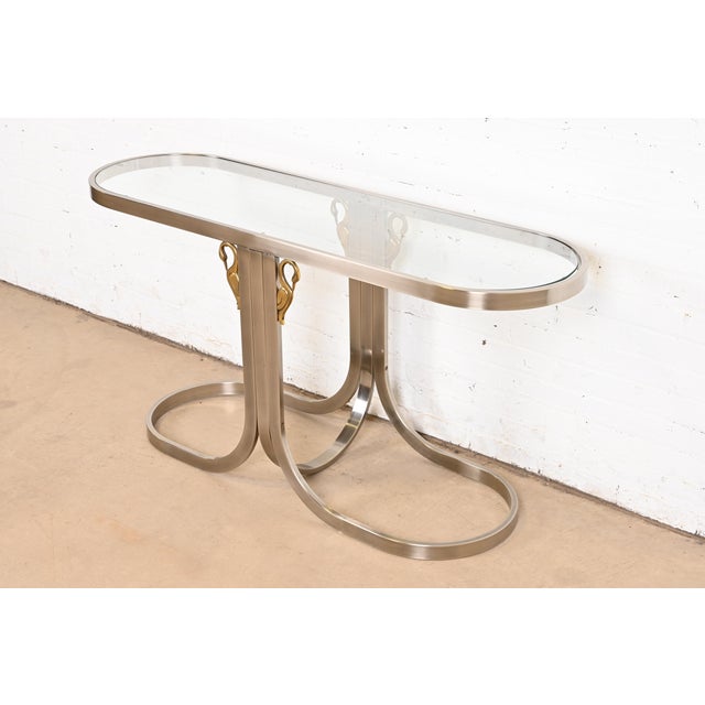 Mid-Century Modern Design Institute America Modern Brushed Steel and Brass Glass Top Swan Console Table For Sale - Image 3 of 12