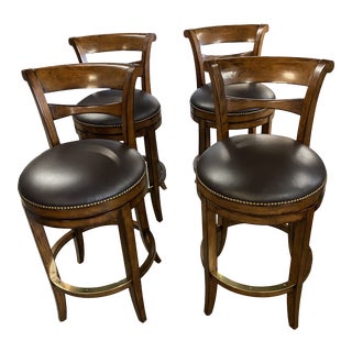 Contemporary Wood and Leather Bar Stools - Set of 4 For Sale