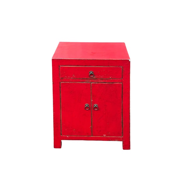 Distressed Rustic Rough Bright Red Drawer Small End Table Nightstand For Sale In San Francisco - Image 6 of 7