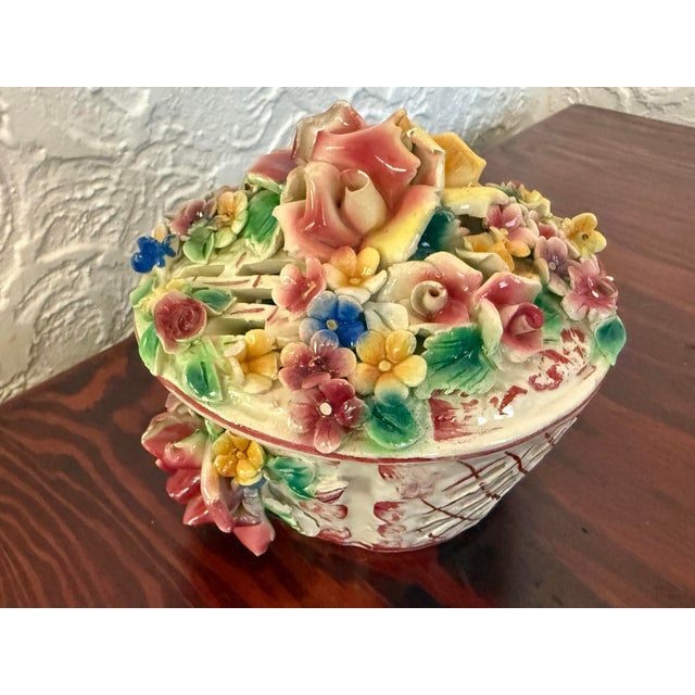 Mid 20th Century Vintage Italian Capodimonte Porcelain Flower Basket Box With Applied Roses For Sale - Image 5 of 11