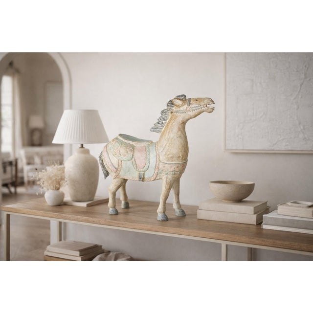 Large Vintage Balinese Carved Wood Horse Sculpture – 21″ Pastel Saddle Decor For Sale - Image 12 of 12