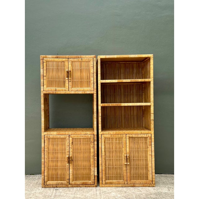 This exceptional pair of vintage woven rattan étagères embodies the relaxed sophistication of mid-century coastal design...